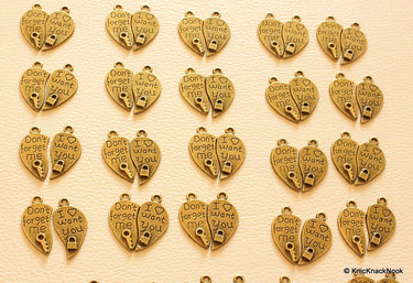 6 x Two pieces of a Heart 'Don't forget me', 'I want you' Bronze Tone Charms